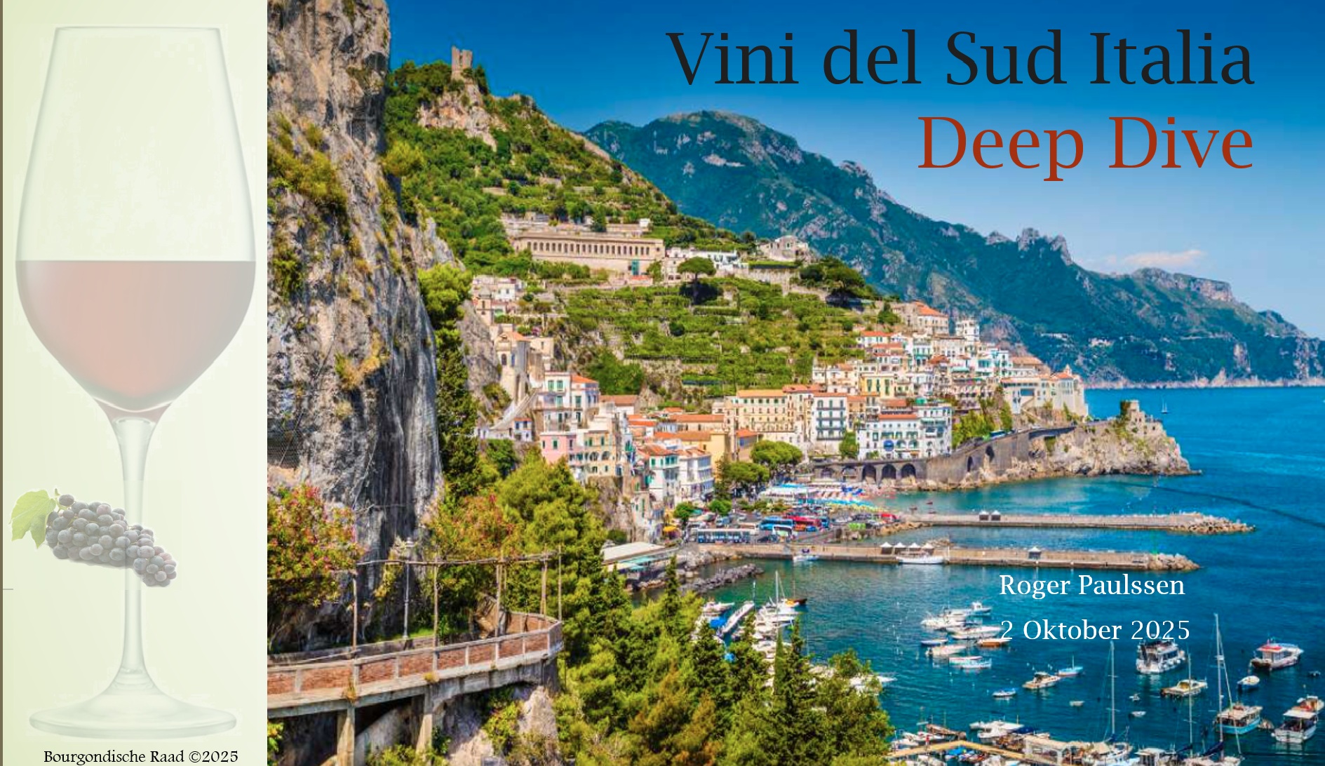 A one evening learning deep dive and tasting of the great South Italian wines